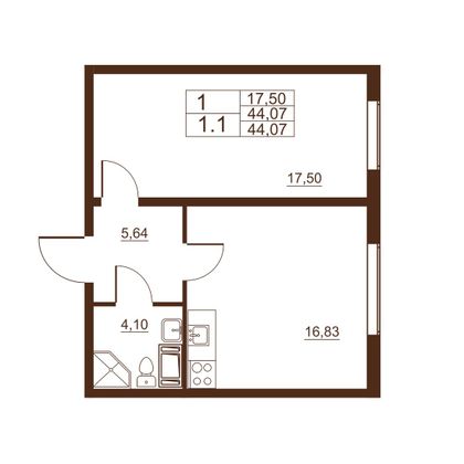 Продажа 1-комнатной квартиры 44,1 м², 1/11 этаж