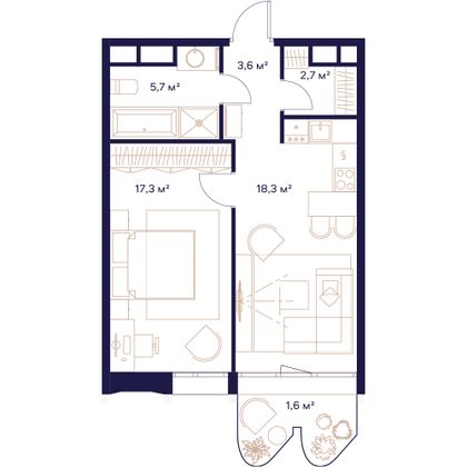 49,2 м², 1-комн. квартира, 12/23 этаж