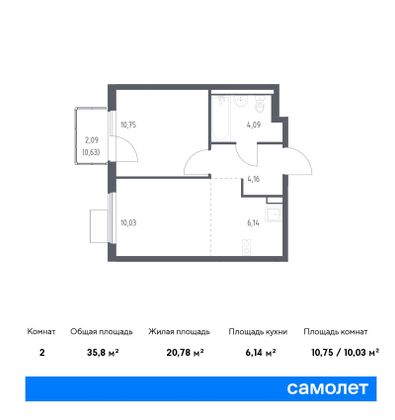 35,8 м², 1-комн. квартира, 8/17 этаж