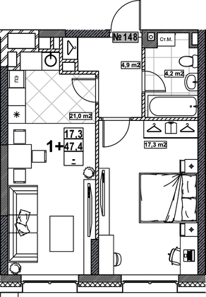 Продажа 1-комнатной квартиры 47,4 м², 2/24 этаж