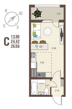 26,7 м², 1-комн. квартира, 1/10 этаж