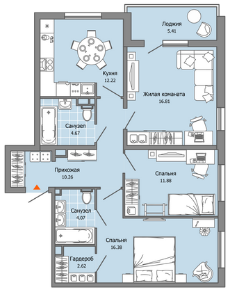 82 м², 3-комн. квартира, 2/12 этаж