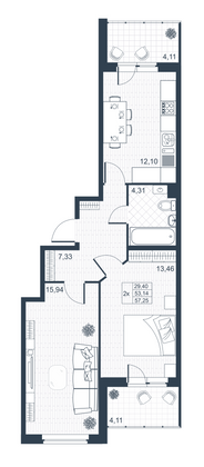 Продажа 2-комнатной квартиры 57,3 м², 1/3 этаж