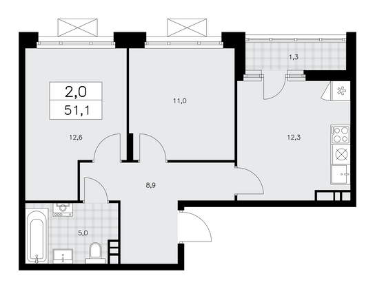 51,1 м², своб. планировка, 10/15 этаж