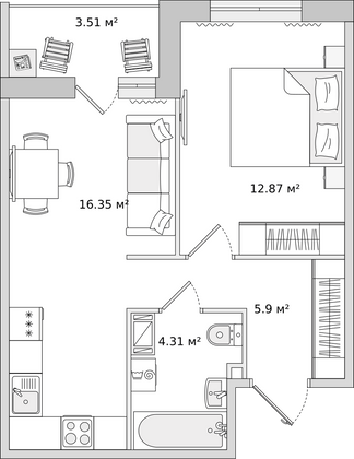 43,3 м², 1-комн. квартира, 2/15 этаж