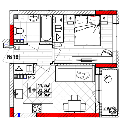 Продажа 1-комнатной квартиры 35 м², 3/4 этаж