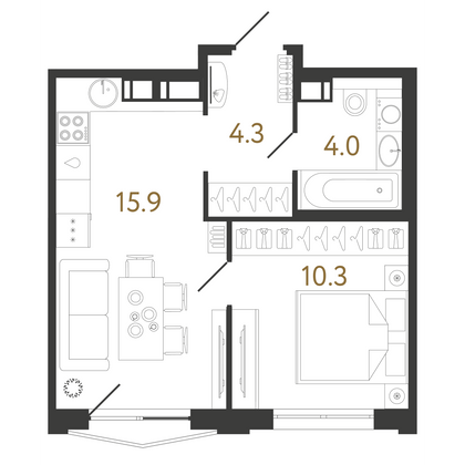 34,5 м², 1-комн. квартира, 15/16 этаж