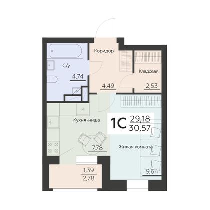 Продажа 1-комнатной квартиры 30,6 м², 2 этаж