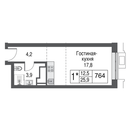 Продажа квартиры-студии 26 м², 34/53 этаж