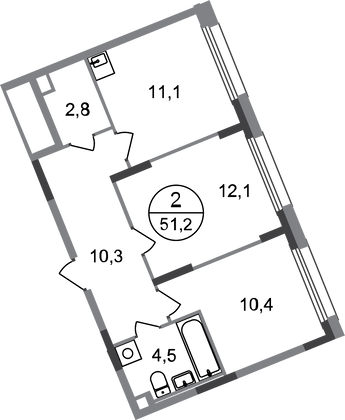 51,2 м², 2-комн. квартира, 1/17 этаж