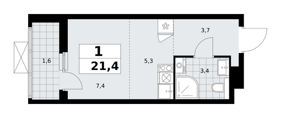 21,4 м², 1-комн. квартира, 9/19 этаж