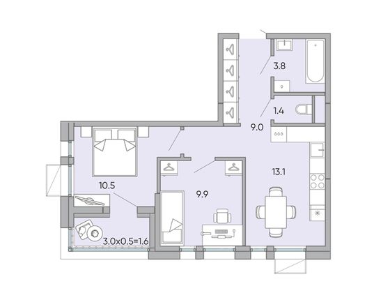 49,2 м², 2-комн. квартира, 4/18 этаж