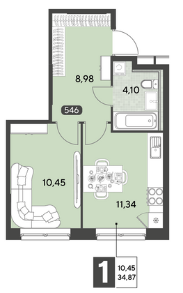 Продажа 1-комнатной квартиры 34,9 м², 1/25 этаж