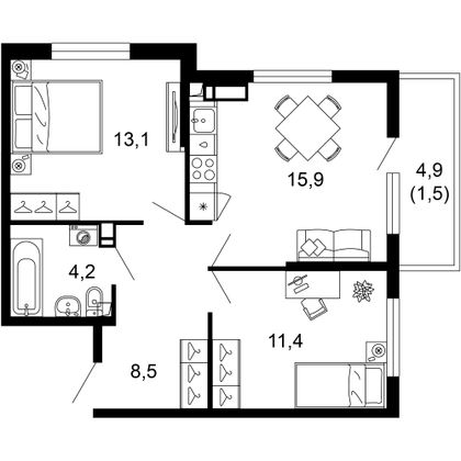 54,6 м², 2-комн. квартира, 7/17 этаж