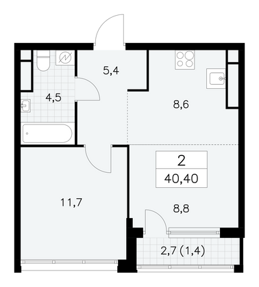 40,4 м², 2-комн. квартира, 30/30 этаж