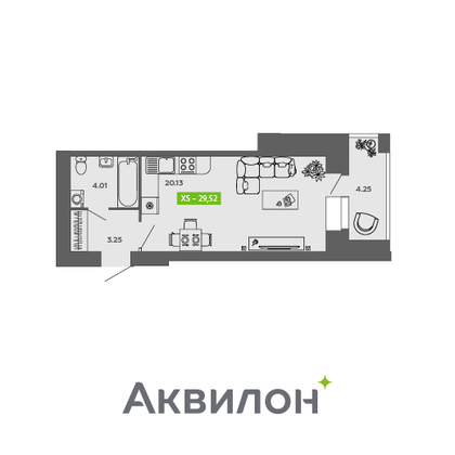 29,5 м², студия, 6/9 этаж