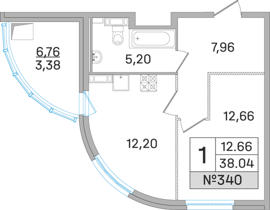 38 м², 1-комн. квартира, 13 этаж