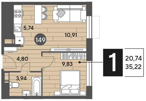 Продажа 1-комнатной квартиры 35,2 м², 9/10 этаж