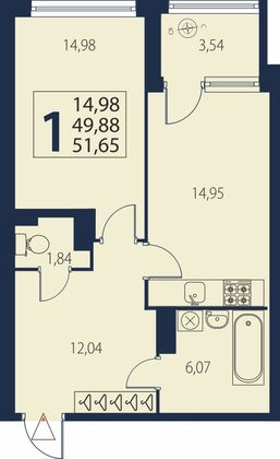 Продажа 1-комнатной квартиры 51,7 м², 3/27 этаж