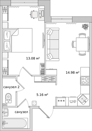 37,8 м², 1-комн. квартира, 1/16 этаж