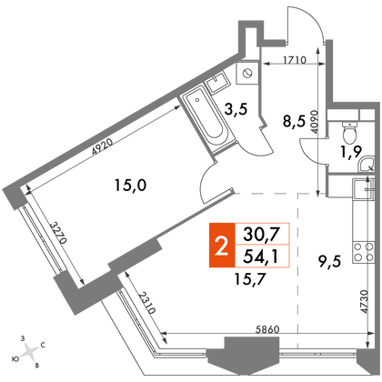 54,1 м², 2-комн. квартира, 33/47 этаж