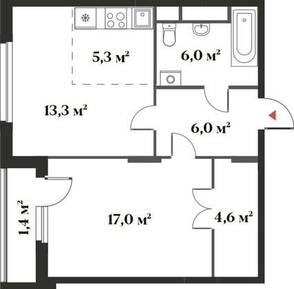 53,6 м², 2-комн. квартира, 2/6 этаж