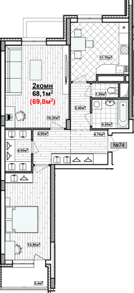 Продажа 2-комнатной квартиры 69,8 м², 1/19 этаж