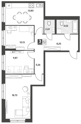 Продажа 3-комнатной квартиры 72,8 м², 21/25 этаж