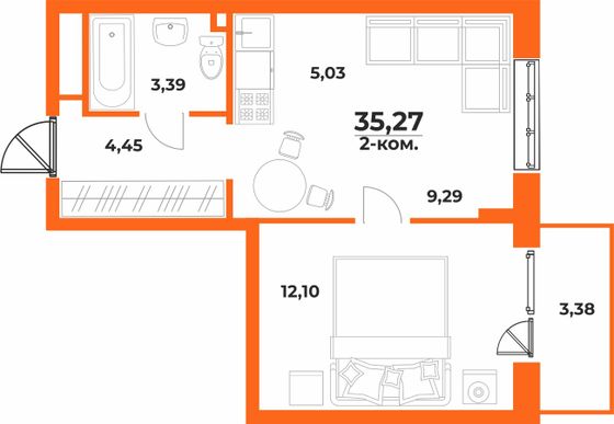 Продажа 2-комнатной квартиры 35,3 м², 10/10 этаж