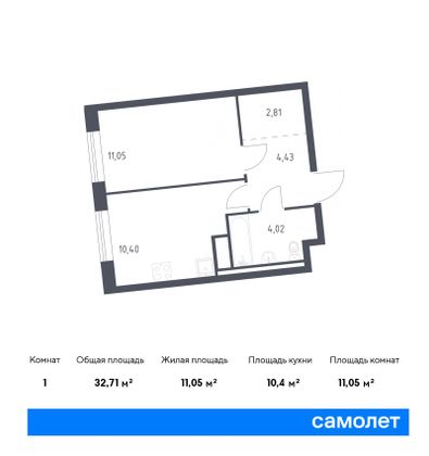 32,7 м², 1-комн. квартира, 2/11 этаж