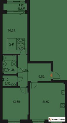 72,3 м², 2-комн. квартира, 2/20 этаж