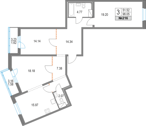 96,1 м², 3-комн. квартира, 3/19 этаж