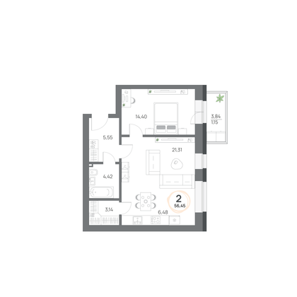 Продажа 2-комнатной квартиры 56,5 м², 2/8 этаж