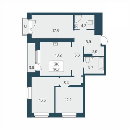 96,7 м², 3-комн. квартира, 2/30 этаж