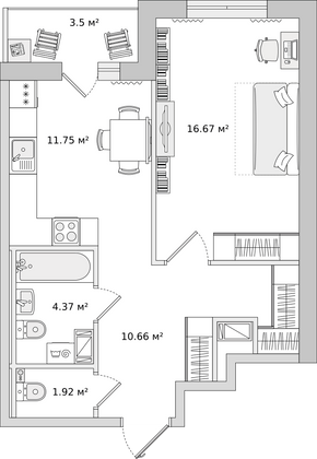 48,9 м², 1-комн. квартира, 2/16 этаж