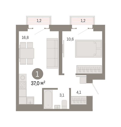 37 м², 1-комн. квартира, 24/31 этаж