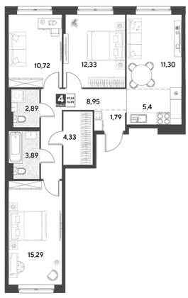 Продажа 4-комнатной квартиры 76,9 м², 4/21 этаж