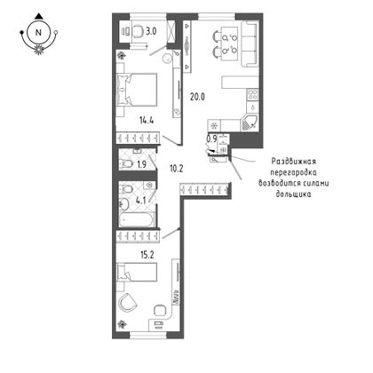 68 м², 2-комн. квартира, 13/18 этаж