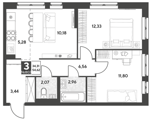 Продажа 3-комнатной квартиры 54,6 м², 18/25 этаж