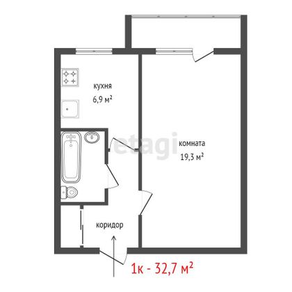 Продажа 1-комнатной квартиры 32,7 м², 2/9 этаж