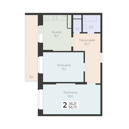 Продажа 2-комнатной квартиры 58,7 м², 6/22 этаж
