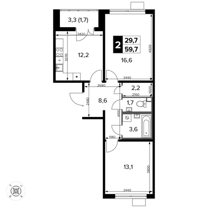 59,5 м², 2-комн. квартира, 13/13 этаж