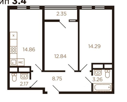 Продажа 2-комнатной квартиры 56 м², 3/8 этаж