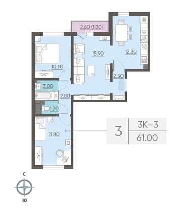 Продажа 3-комнатной квартиры 61 м², 16/24 этаж