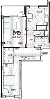 Продажа 2-комнатной квартиры 69,9 м², 14/19 этаж