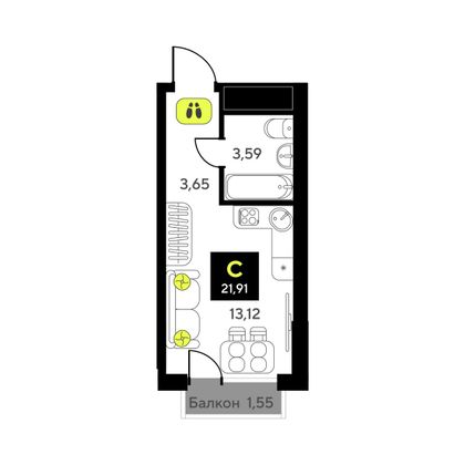 Продажа квартиры-студии 21,9 м², 7/14 этаж