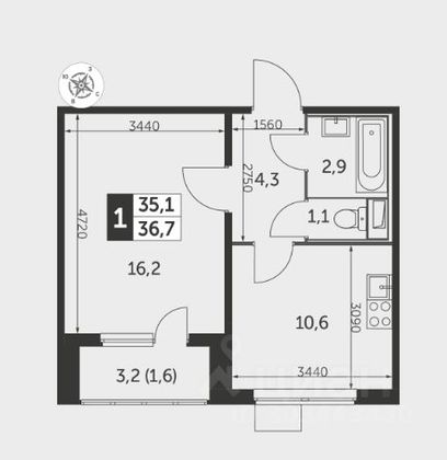 Продажа 1-комнатной квартиры 36,7 м², 4/9 этаж