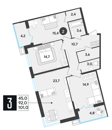 Продажа 3-комнатной квартиры 101 м², 2/18 этаж