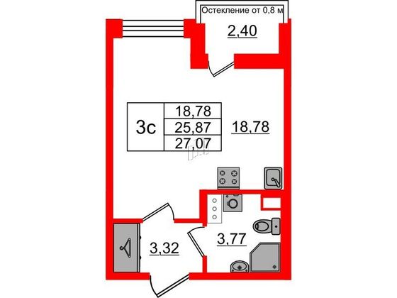 Продажа квартиры-студии 25,9 м², 9/12 этаж