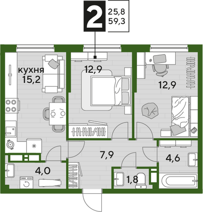 Продажа 2-комнатной квартиры 59,3 м², 11/16 этаж